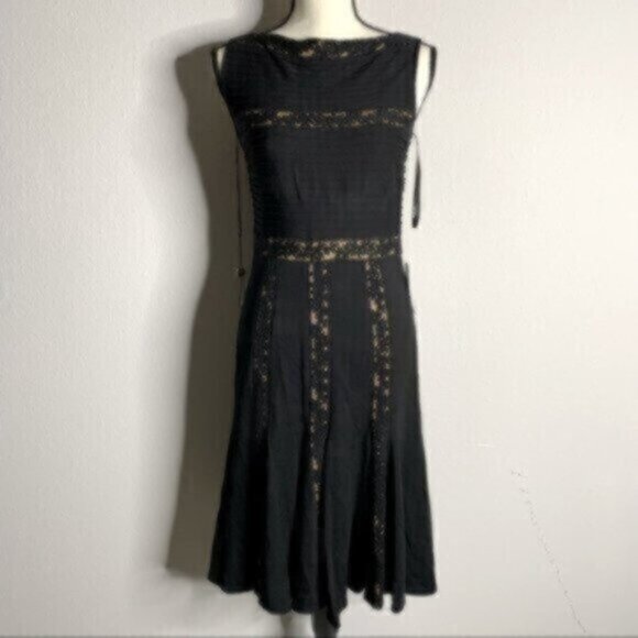 NWT Tadashi Shoji Black and Tan Pintuck Jersey Lace Knee Length Dress - Picture 4 of 12